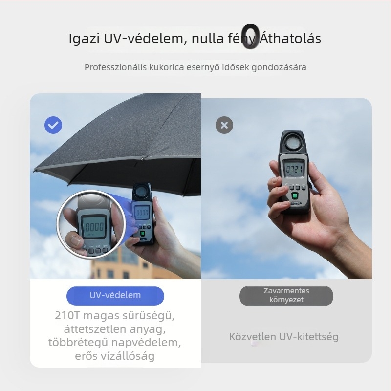 Bot-stílusú esernyő UV védelemmel, vízálló és csúszásmentes fogantyúval; 8 merevítő rostból álló váz, automata nyitás, vas tengely, UPF 50+
