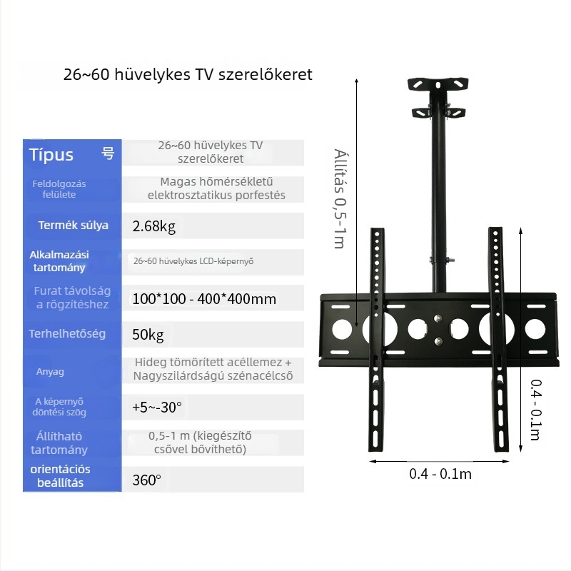 Kihúzható mennyezeti TV-tartó, állítható mennyezeti szerelvény, mozgatható függő tartó.