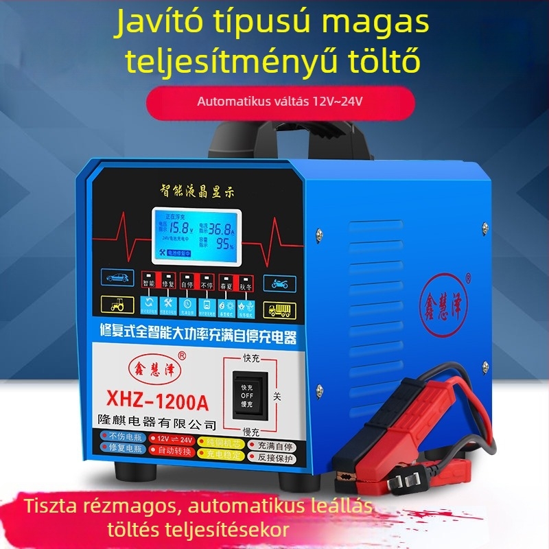 Univerzális autóakkumulátor-töltő 12V/24V, DC kimenet 12V 20A / 24V 10A, bemenet AC180–250V, intelligens töltés akkumulátor-restaurációval, CE tanúsított