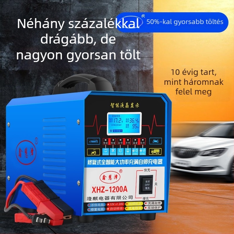 Univerzális autóakkumulátor-töltő 12V/24V, DC kimenet 12V 20A / 24V 10A, bemenet AC180–250V, intelligens töltés akkumulátor-restaurációval, CE tanúsított