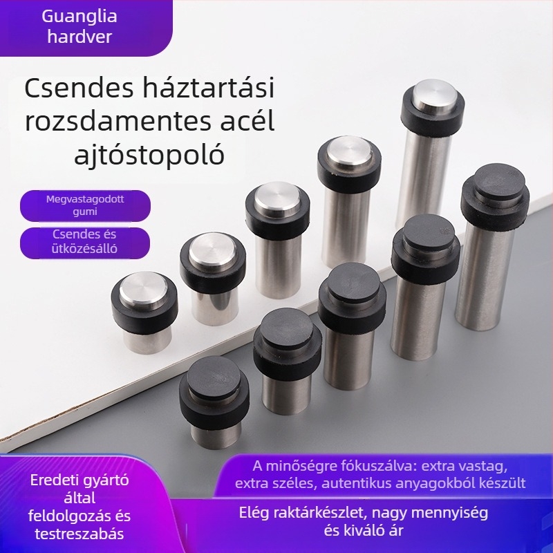 Fúrás nélküli rozsdamentes acél ajtóstopper gumírozott végződéssel, padlóra szerelve, automata működés, modell: kiterjesztett gumis ajtóstopper