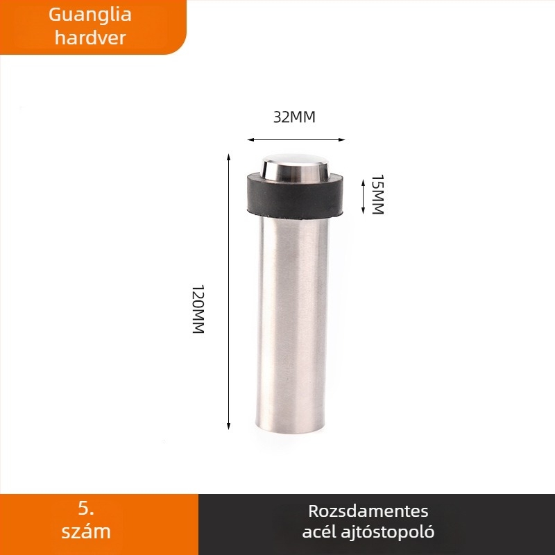 Fúrás nélküli rozsdamentes acél ajtóstopper gumírozott végződéssel, padlóra szerelve, automata működés, modell: kiterjesztett gumis ajtóstopper