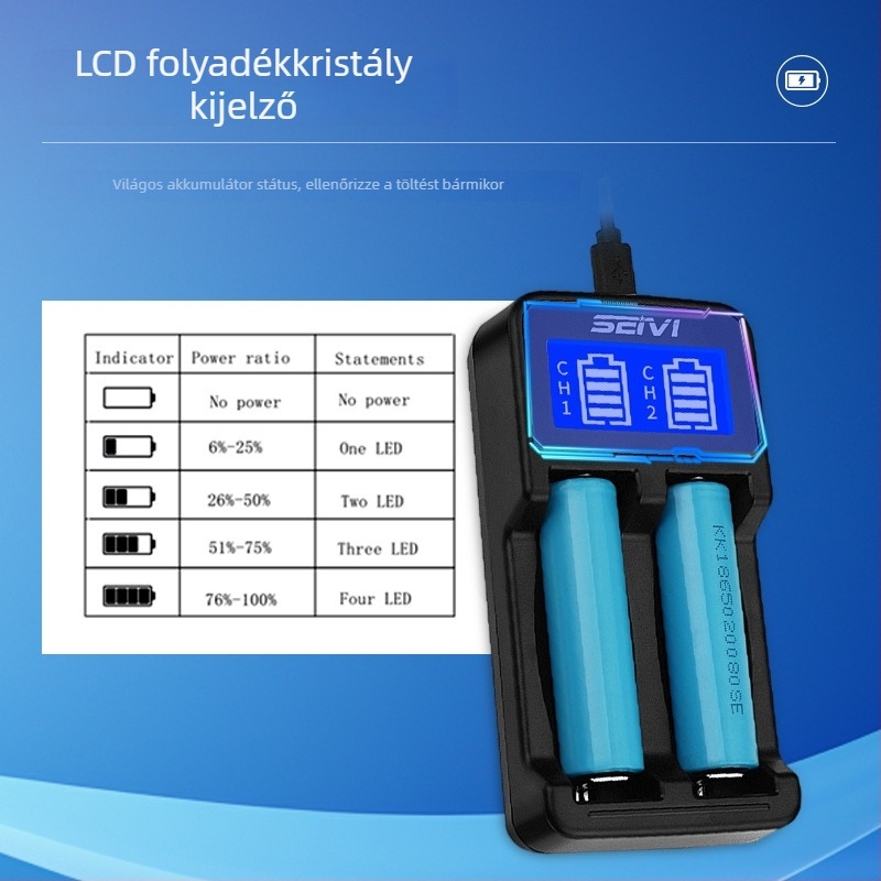 18650 akkumulátor töltő USB kijelzővel, kettős 1000mAh kimenet, bemenet 5V 1-2A, automatikus kikapcsolás
