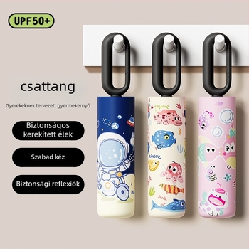 6 bordás gyerek esernyő, rajzfilmszerű dizájn, kerekített biztonsági él, 190T ütésálló anyag, rostból készült bordák, acél tengely, kézi nyitás-zárás