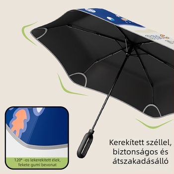 6 bordás gyerek esernyő, rajzfilmszerű dizájn, kerekített biztonsági él, 190T ütésálló anyag, rostból készült bordák, acél tengely, kézi nyitás-zárás