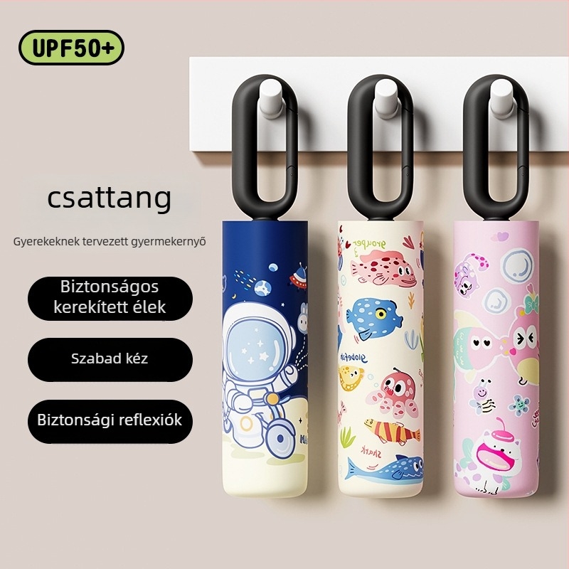 6 bordás gyerek esernyő, rajzfilmszerű dizájn, kerekített biztonsági él, 190T ütésálló anyag, rostból készült bordák, acél tengely, kézi nyitás-zárás