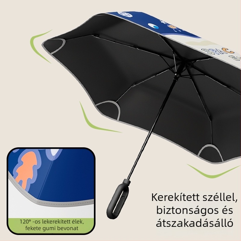 6 bordás gyerek esernyő, rajzfilmszerű dizájn, kerekített biztonsági él, 190T ütésálló anyag, rostból készült bordák, acél tengely, kézi nyitás-zárás
