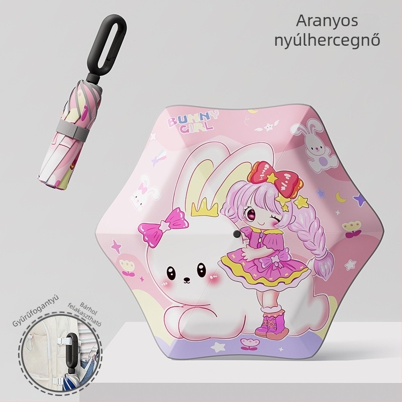 6 bordás gyerek esernyő, rajzfilmszerű dizájn, kerekített biztonsági él, 190T ütésálló anyag, rostból készült bordák, acél tengely, kézi nyitás-zárás