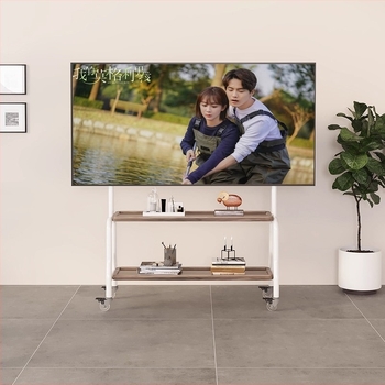 TV-állvány padlóra álló, rozsdamentes acél váz, diófa polcokkal, mobil görgős kocsi