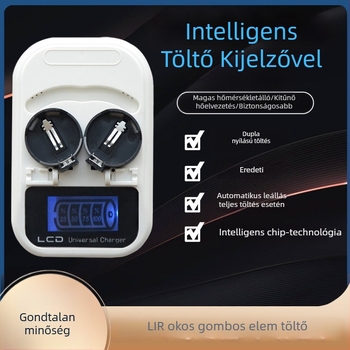 LIR2032 gombelem töltő LCD kijelzővel, 4.2V DC, 300mAh, RoHS, bemenet 100-240V AC