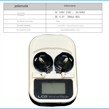 LIR2032 gombelem töltő LCD kijelzővel, 4.2V DC, 300mAh, RoHS, bemenet 100-240V AC