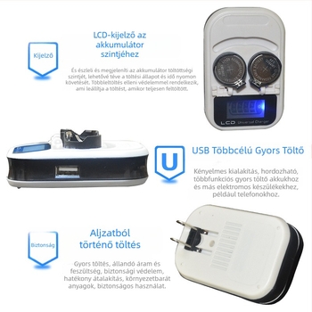 LIR2032 gombelem töltő LCD kijelzővel, 4.2V DC, 300mAh, RoHS, bemenet 100-240V AC