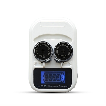 LIR2032 gombelem töltő LCD kijelzővel, 4.2V DC, 300mAh, RoHS, bemenet 100-240V AC
