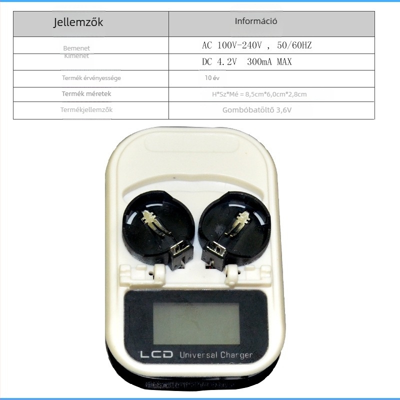 LIR2032 gombelem töltő LCD kijelzővel, 4.2V DC, 300mAh, RoHS, bemenet 100-240V AC