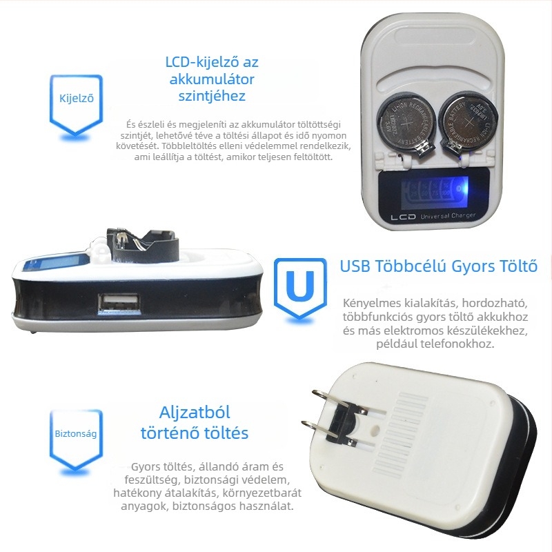 LIR2032 gombelem töltő LCD kijelzővel, 4.2V DC, 300mAh, RoHS, bemenet 100-240V AC