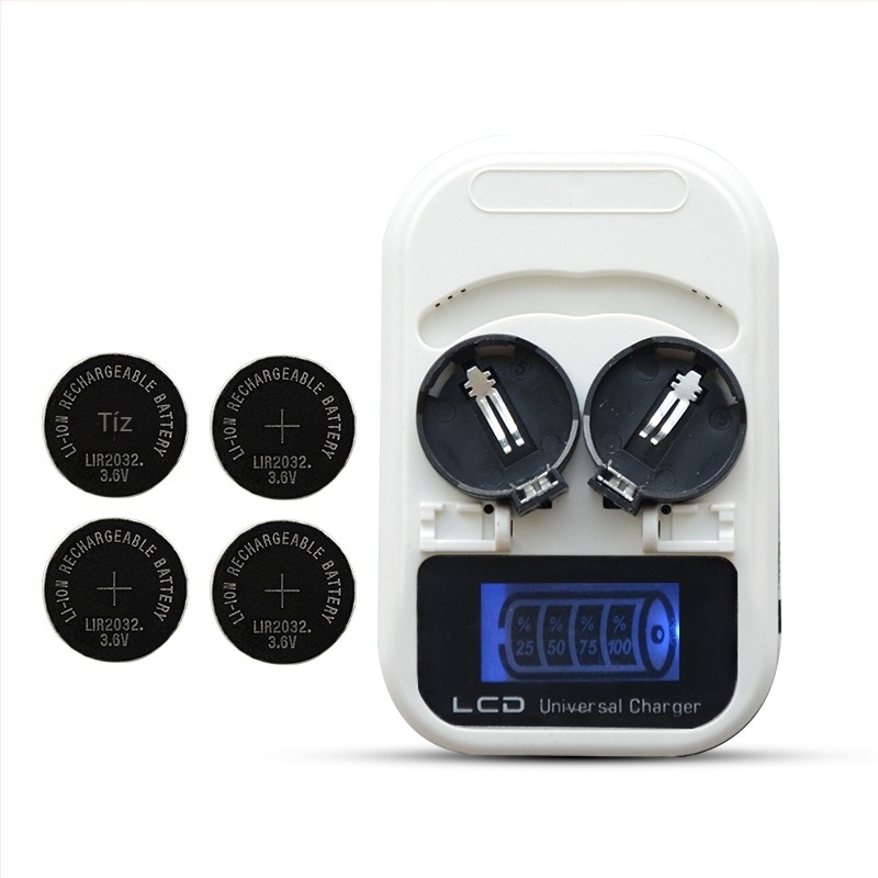 LIR2032 gombelem töltő LCD kijelzővel, 4.2V DC, 300mAh, RoHS, bemenet 100-240V AC