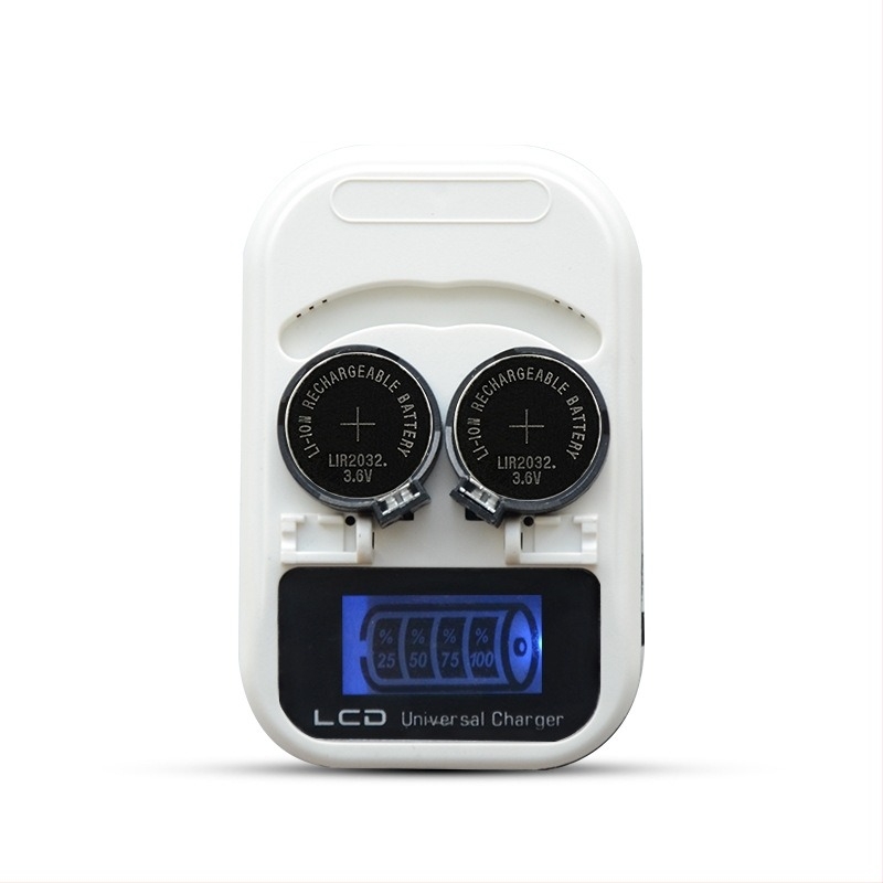 LIR2032 gombelem töltő LCD kijelzővel, 4.2V DC, 300mAh, RoHS, bemenet 100-240V AC
