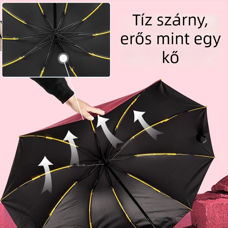 Visszafelé hajtogatott ernyő napvédelemre és esőre, üzleti reklám ernyő logónyomtatási lehetőséggel, 10 vas borda, kézi nyitás-zárás, UPF 40+