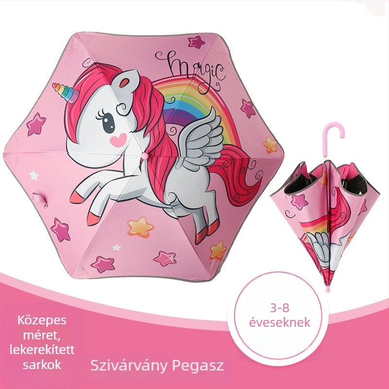 Gyerekeknek szóló esernyő dinoszaurusz Pegazusz dizájnnal, 6 bordás váz, 190T anyag, PA+++ UV védelem, fényvisszaverő csík.