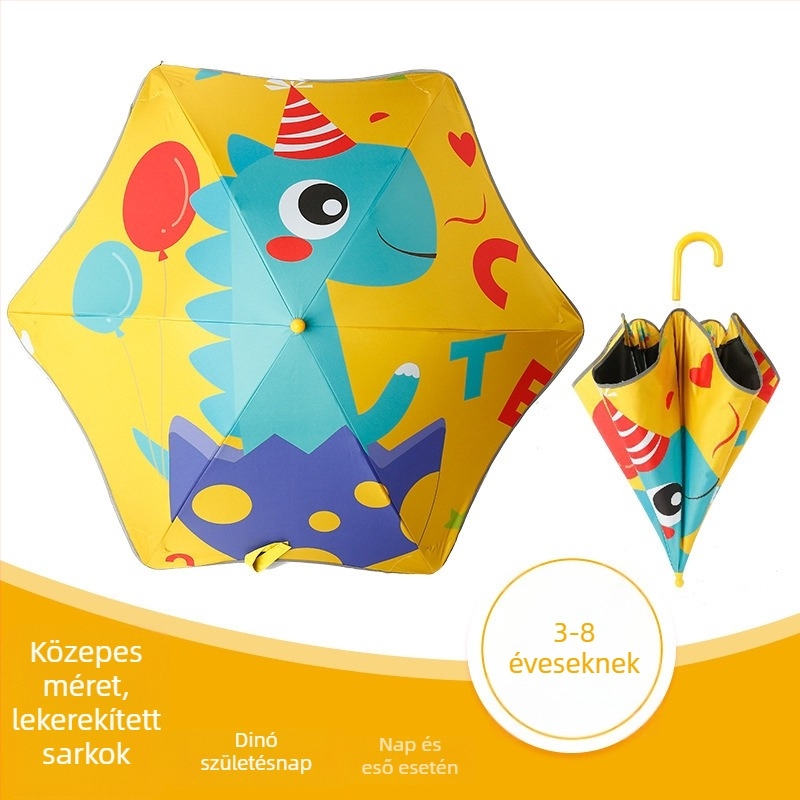 Gyerekeknek szóló esernyő dinoszaurusz Pegazusz dizájnnal, 6 bordás váz, 190T anyag, PA+++ UV védelem, fényvisszaverő csík.