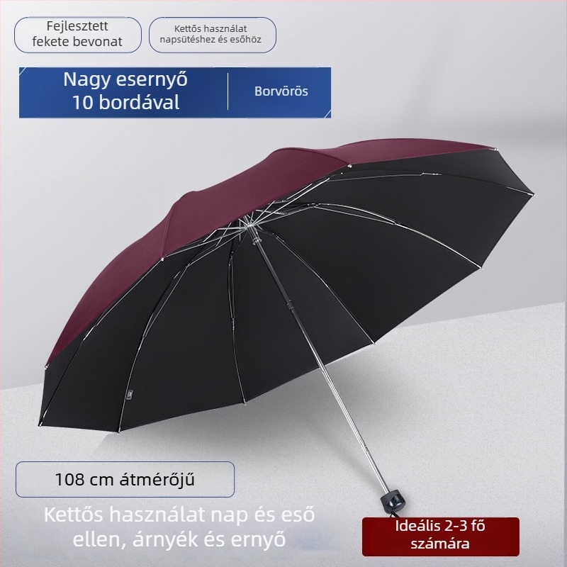 Összehajtható esernyő, háromrészes modell, 10 borda, UPF50+ UV védelem, egyedi logó nyomtatás