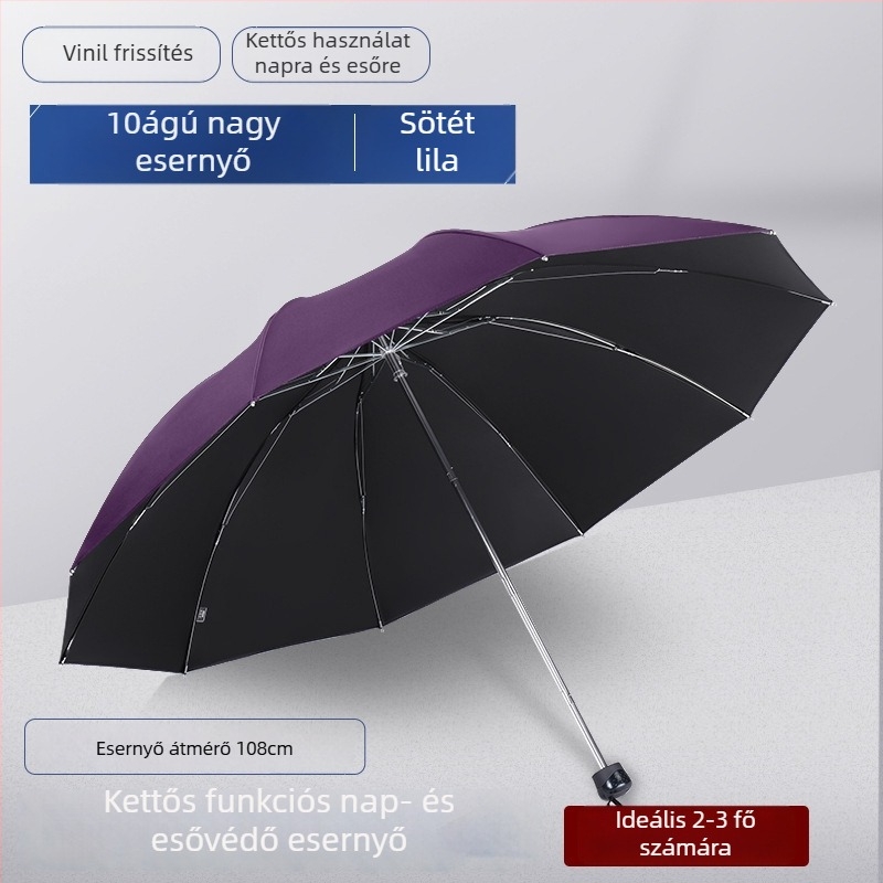 Összehajtható esernyő, háromrészes modell, 10 borda, UPF50+ UV védelem, egyedi logó nyomtatás