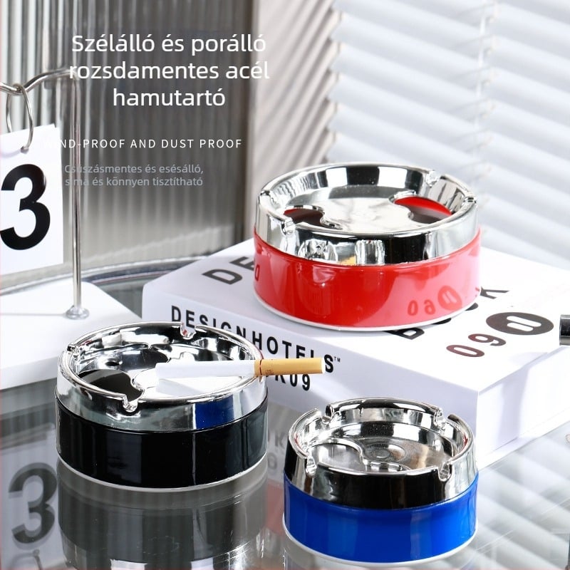 Rozsdamentes acélból készült forgó fedelű hamutartó, logónyomás, testreszabható vállalati ajándék