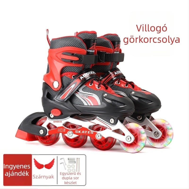 Négykerekű görkorcsolya kettős soros kerekekkel, felsőrész Canvas anyagból, talp TPR, műanyag kerekek