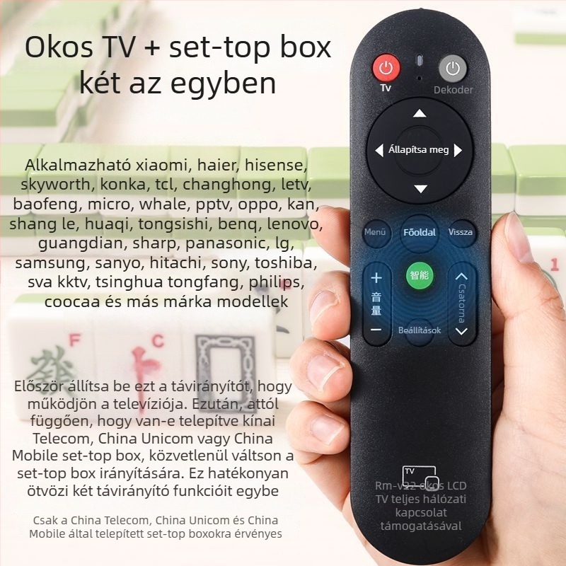 Wuchuan RM-V16+ univerzális TV-távirányító, kompatibil LCD TV-k TCL, Hisense, Changhong, Konka és Skyworth, 10 m hatótávolság.