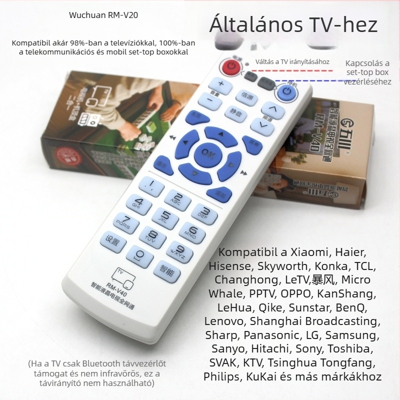 Wuchuan RM-V16+ univerzális TV-távirányító, kompatibil LCD TV-k TCL, Hisense, Changhong, Konka és Skyworth, 10 m hatótávolság.