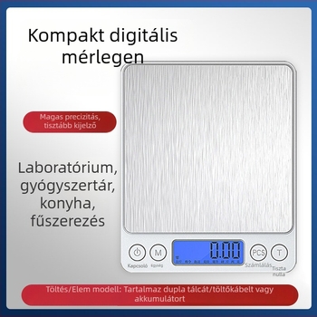 Konyhai elektronikus mérleg, modell 156987, kompakt, mérési tartomány 500–3000 g, táplálás: elemes vagy újratölthető, konyhai használatra