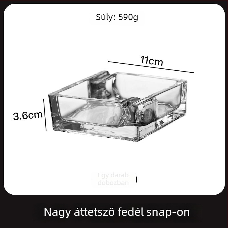 Üveg négyszögletes hamutál; Three Carats márka; újrafelhasználható; logó nyomtatás lehetséges