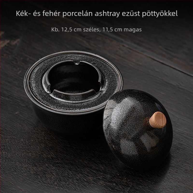 Kerámiából készült hamutál fedővel, vintage kínai stílusú asztali dísztárgy.