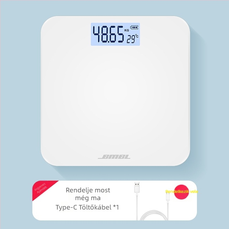 Testzsírmérő mérleg, modell S002, edzett üveg panel, négyzetes forma, akkumulátoros működés, japán stílusú, egyszerű, könnyű luxus