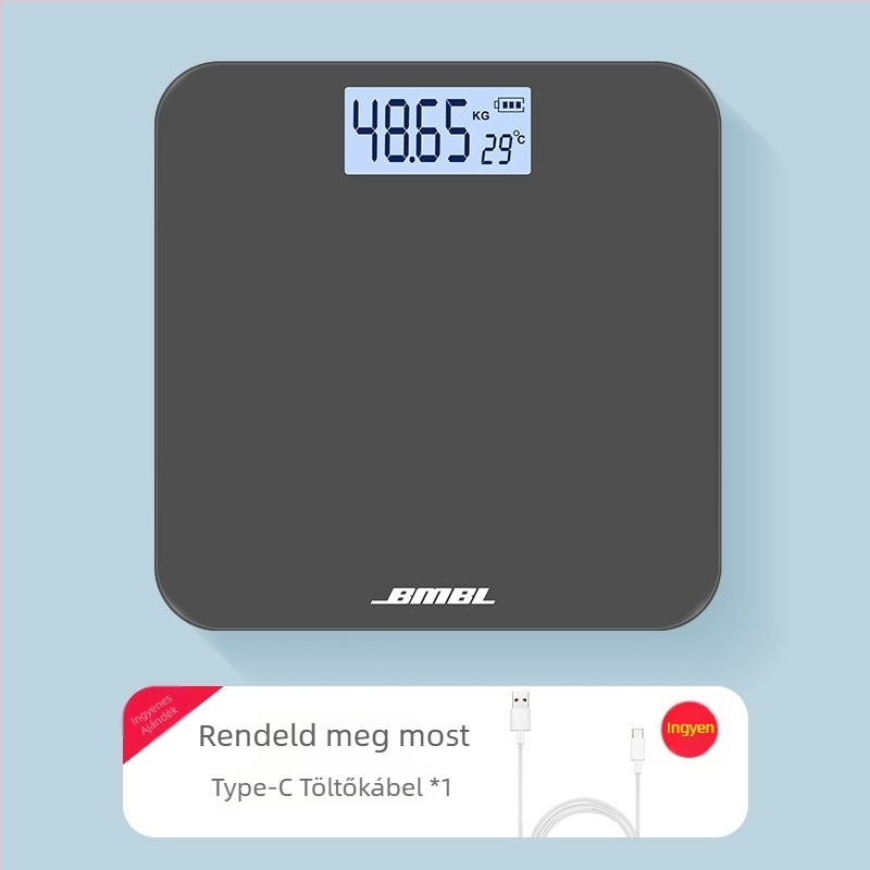 Testzsírmérő mérleg, modell S002, edzett üveg panel, négyzetes forma, akkumulátoros működés, japán stílusú, egyszerű, könnyű luxus