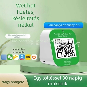 Fizetési kód hangszóró Bluetooth 5.0-val, frekvenciasáv 100 Hz–20 kHz, SNR ≥100 dB, IPX5 vízálló, beépített 800–1000 mAh akkumulátor