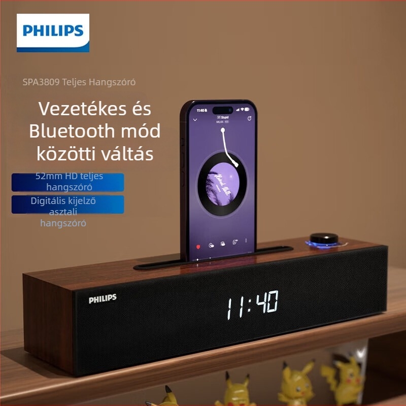 Philips SPA3809 Asztali hangfal beépített hangkártyával, vezetékes és Bluetooth, 3×2W, Beépített akkumulátor, Fa ház, 100Hz-20kHz, SNR ≥60dB, Bluetooth 5.3