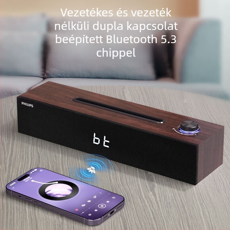 Philips SPA3809 Asztali hangfal beépített hangkártyával, vezetékes és Bluetooth, 3×2W, Beépített akkumulátor, Fa ház, 100Hz-20kHz, SNR ≥60dB, Bluetooth 5.3