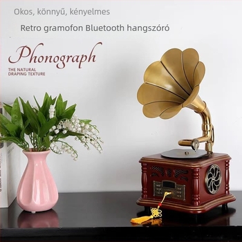 Retro gramofon Bluetooth hangszóró, európai nappali stílus, mini lemezjátszó – USB interfész, Bluetooth-kapcsolat, 1 hangszóró, 2000mAh akkumulátor, fém ház
