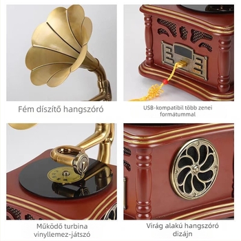 Retro gramofon Bluetooth hangszóró, európai nappali stílus, mini lemezjátszó – USB interfész, Bluetooth-kapcsolat, 1 hangszóró, 2000mAh akkumulátor, fém ház