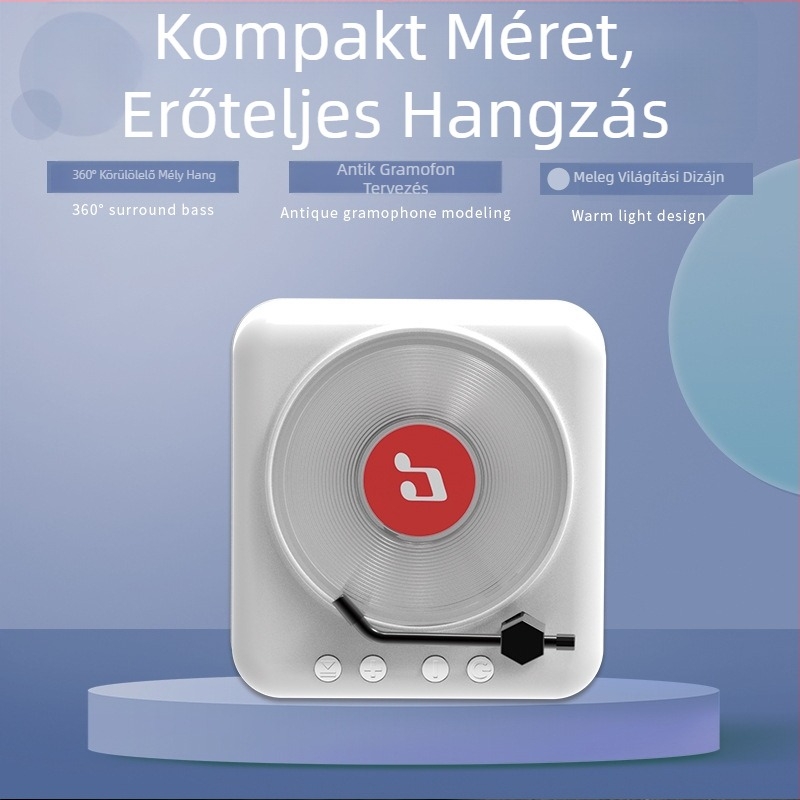 Retro vinil CD-lejátszó Bluetooth hangszóró beépített akkumulátorral • Bluetooth 5.0 • Beépített akkumulátor 1000–1200 mAh • 3W kimenet • Frekvenciasáv 100 Hz–20 kHz • SNR ≥75 dB