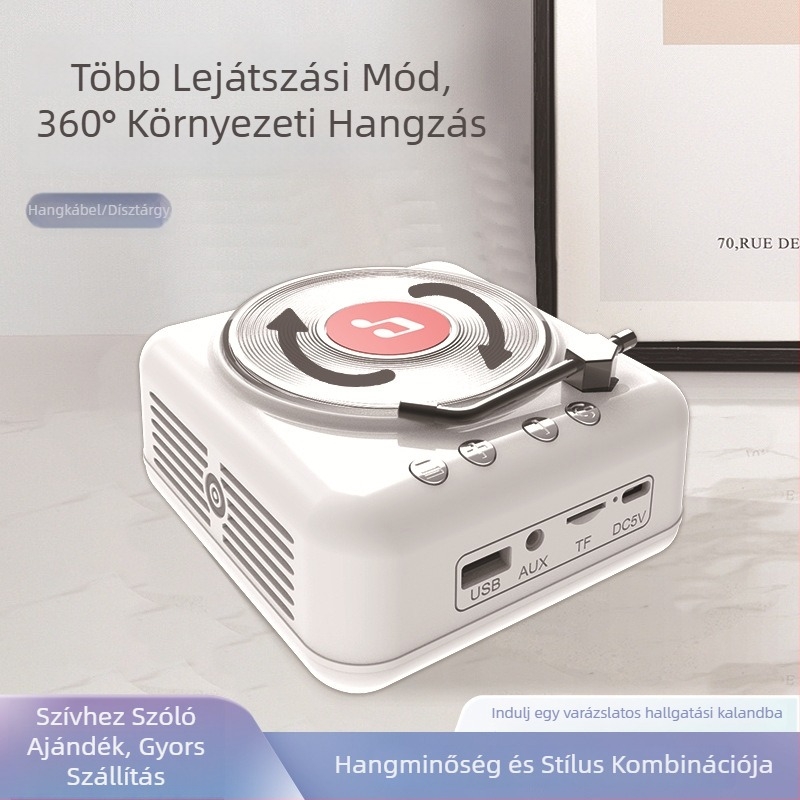 Retro vinil CD-lejátszó Bluetooth hangszóró beépített akkumulátorral • Bluetooth 5.0 • Beépített akkumulátor 1000–1200 mAh • 3W kimenet • Frekvenciasáv 100 Hz–20 kHz • SNR ≥75 dB