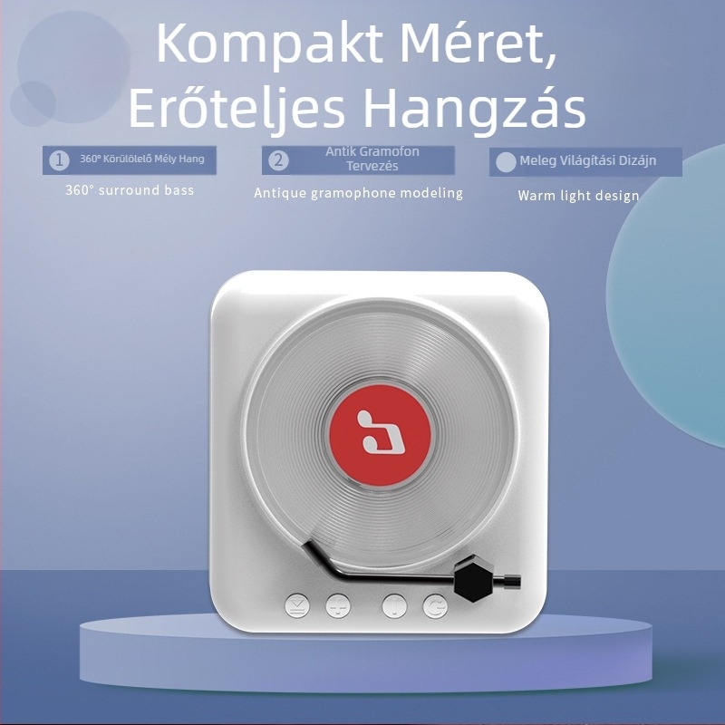 Retro vinil CD-lejátszó Bluetooth hangszóró beépített akkumulátorral • Bluetooth 5.0 • Beépített akkumulátor 1000–1200 mAh • 3W kimenet • Frekvenciasáv 100 Hz–20 kHz • SNR ≥75 dB