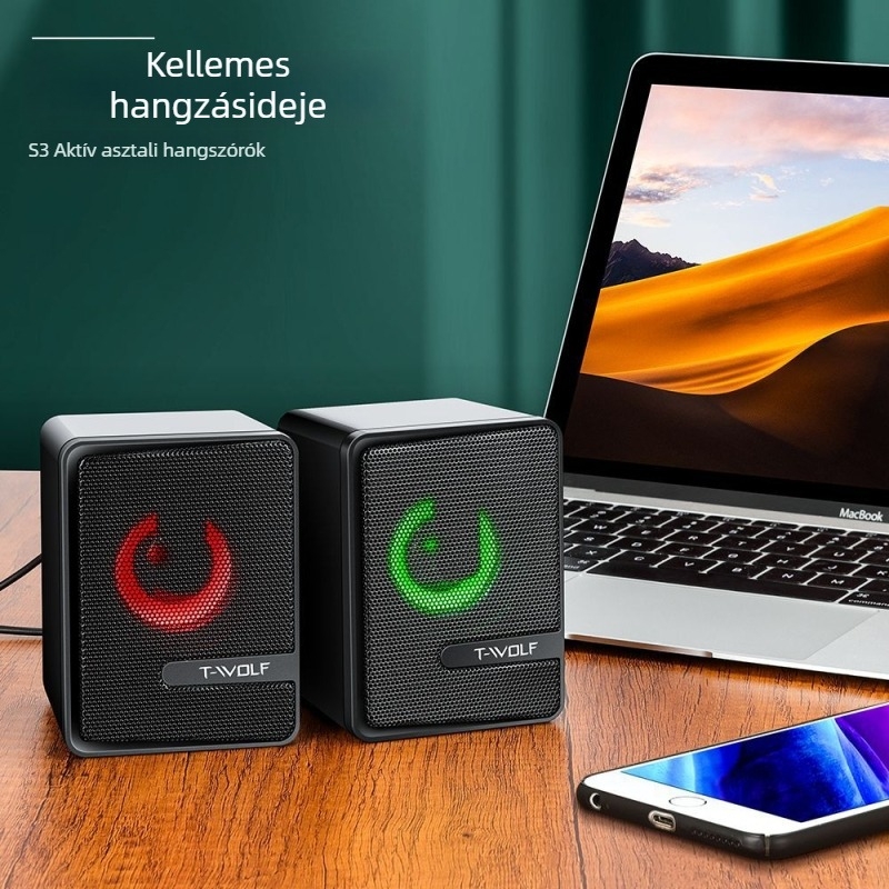 Thunderwolf S3 USB számítógép hangszóró LED-es világítással, 2.1-kanalos rendszer, USB és 3,5 mm bemenet, 40 Hz–20 kHz, SNR ≥75 dB