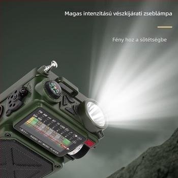 Kézi tekerős vészhelyzeti rádió napelemes töltéssel, zseblámpa, Bluetooth hangszóró, SOS, kültéri használathoz; IPx3, 100 Hz–20 kHz, SNR ≥75 dB