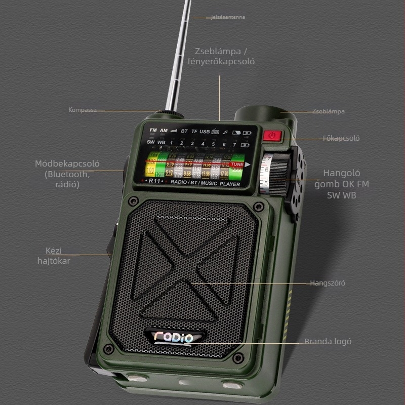 Kézi tekerős vészhelyzeti rádió napelemes töltéssel, zseblámpa, Bluetooth hangszóró, SOS, kültéri használathoz; IPx3, 100 Hz–20 kHz, SNR ≥75 dB