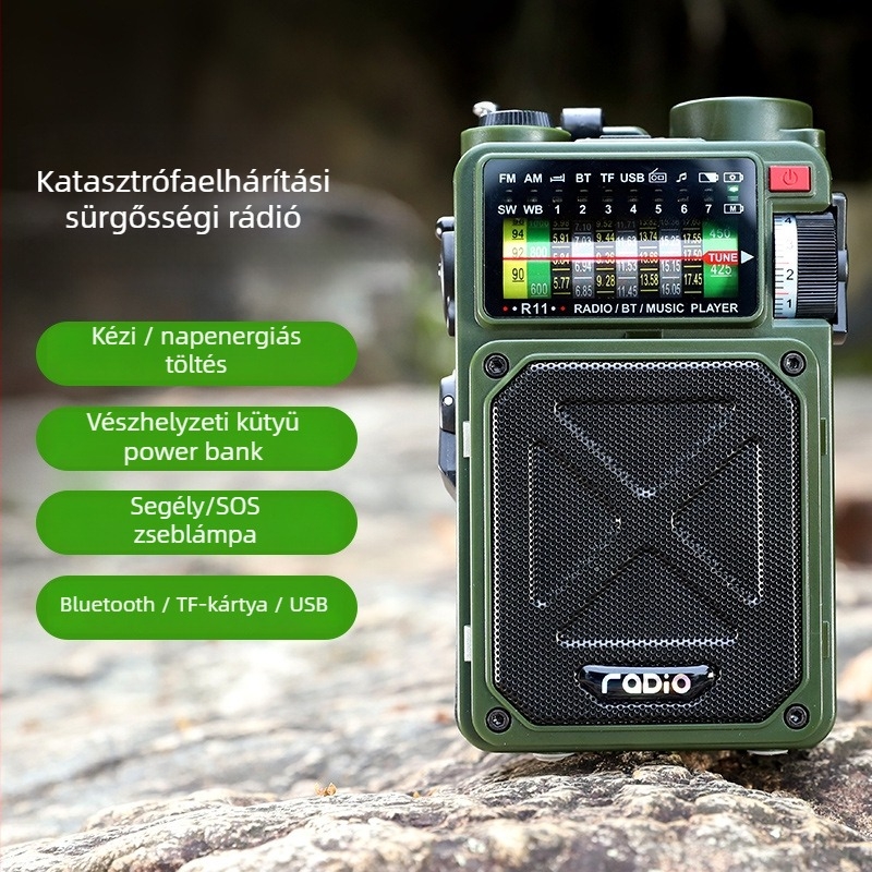 Kézi tekerős vészhelyzeti rádió napelemes töltéssel, zseblámpa, Bluetooth hangszóró, SOS, kültéri használathoz; IPx3, 100 Hz–20 kHz, SNR ≥75 dB