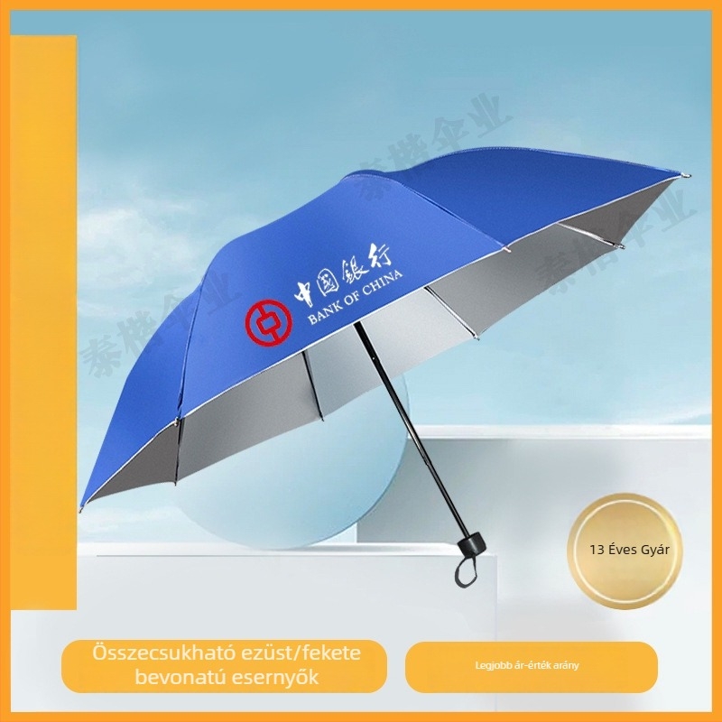 Reklám tri-fold összecsukható esernyő, 8 bordával, 190T anyag, kézi nyitás, logó nyomtatva, UPF > 50