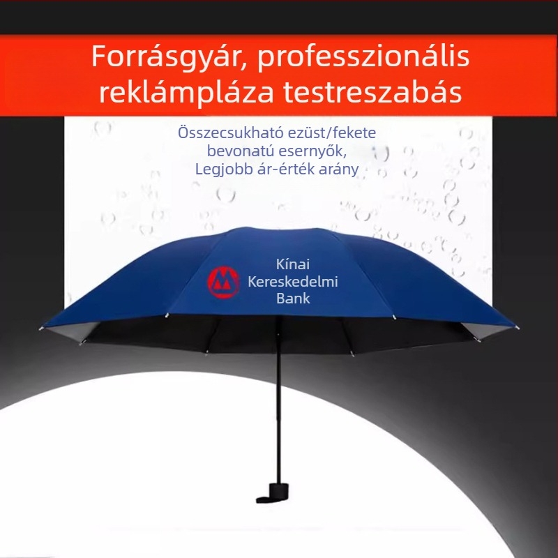 Reklám tri-fold összecsukható esernyő, 8 bordával, 190T anyag, kézi nyitás, logó nyomtatva, UPF > 50
