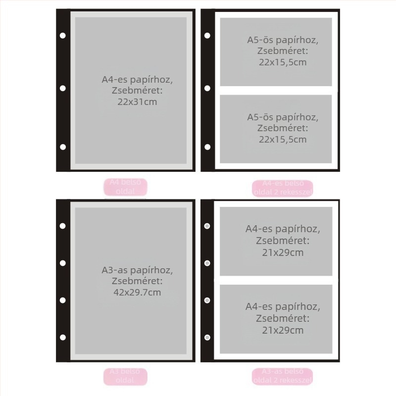 Tanúsítványoldalak tároló kártyatartó, 3- és 4 lyukas rendszerrel; anyag PP/CPP/OPP; logó nyomtatva; testreszabás és licencelt magáncímke elérhető.